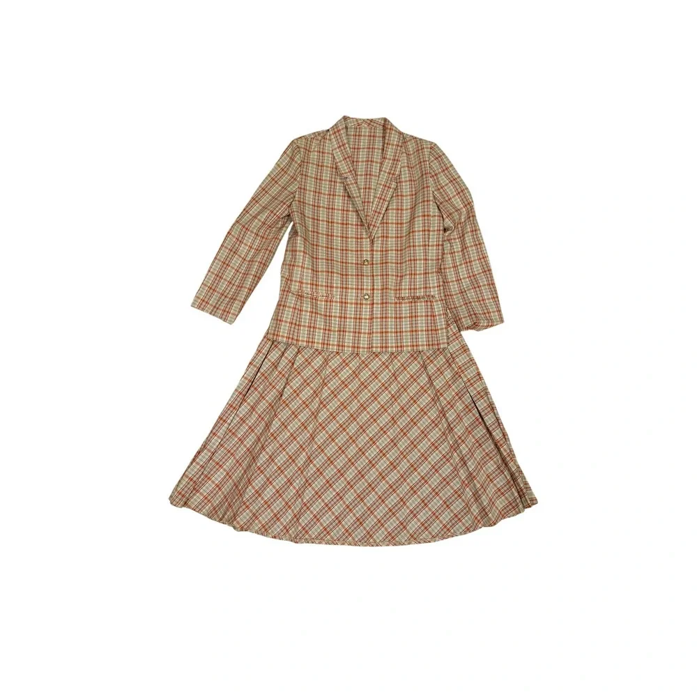 Vtg 80s Plaid Skirt Suit Set Orange Tan Blazer A-Line Midi Skirt Retro 2 Piece M